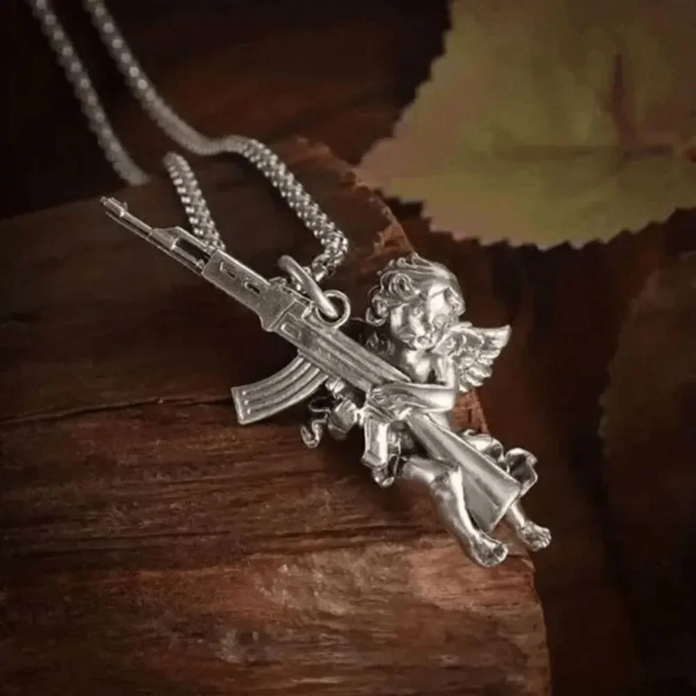 Angel Cherub Cupid AK47 Gun Stainless Steel Pendant Necklace